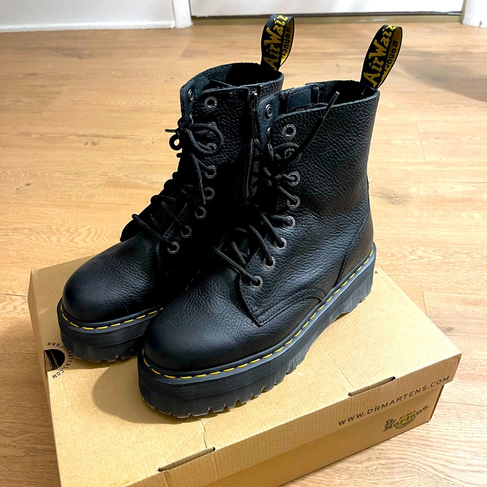 Dr. Martens Black Leather Combat Boots with Yellow Stitching